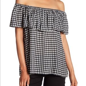Sanctuary Gingham Black White Off the Shoulder Top